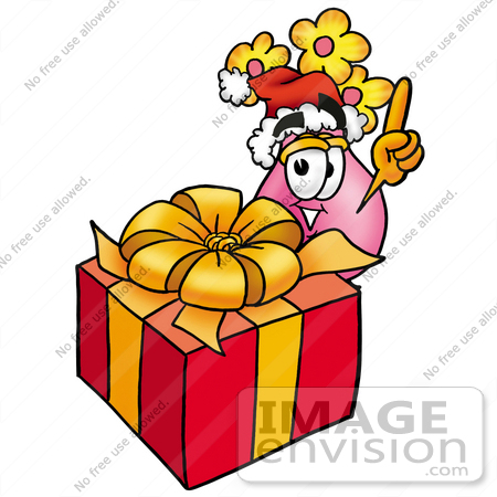 #25678 Clip Art Graphic of a Pink Vase And Yellow Flowers Cartoon Character Standing by a Christmas Present by toons4biz