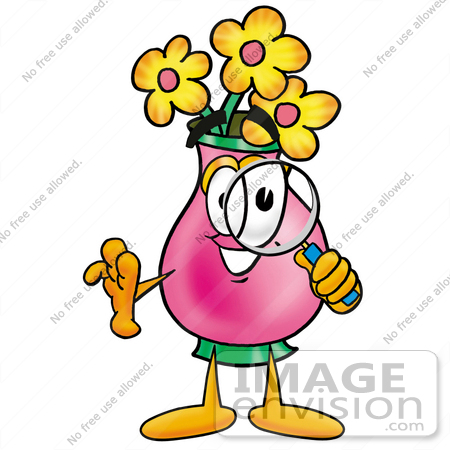 #25683 Clip Art Graphic of a Pink Vase And Yellow Flowers Cartoon Character Looking Through a Magnifying Glass by toons4biz