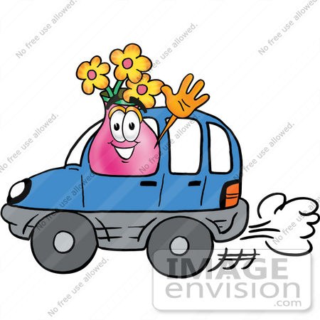 #25685 Clip Art Graphic of a Pink Vase And Yellow Flowers Cartoon Character Driving a Blue Car and Waving by toons4biz