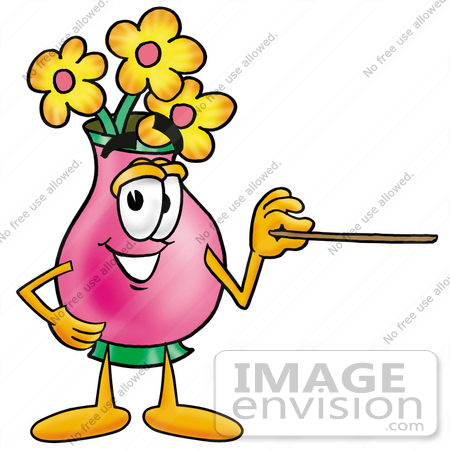 #25691 Clip Art Graphic of a Pink Vase And Yellow Flowers Cartoon Character Holding a Pointer Stick by toons4biz