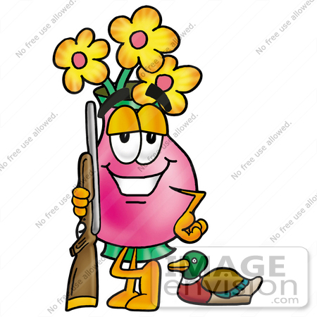 #25693 Clip Art Graphic of a Pink Vase And Yellow Flowers Cartoon Character Duck Hunting, Standing With a Rifle and Duck by toons4biz