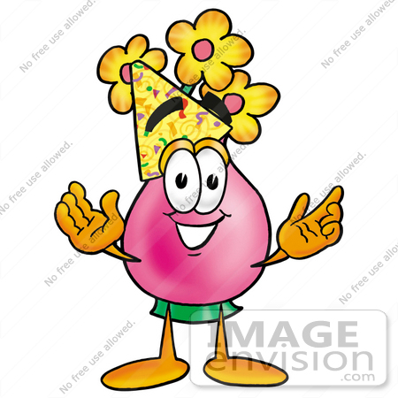 #25695 Clip Art Graphic of a Pink Vase And Yellow Flowers Cartoon Character Wearing a Birthday Party Hat by toons4biz