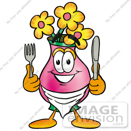 #25703 Clip Art Graphic of a Pink Vase And Yellow Flowers Cartoon Character Holding a Knife and Fork by toons4biz