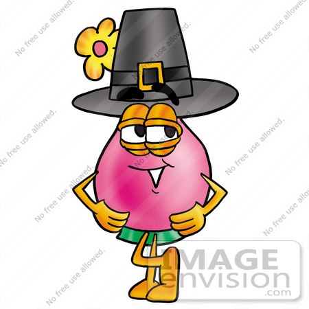 #25710 Clip Art Graphic of a Pink Vase And Yellow Flowers Cartoon Character Wearing a Pilgrim Hat on Thanksgiving by toons4biz