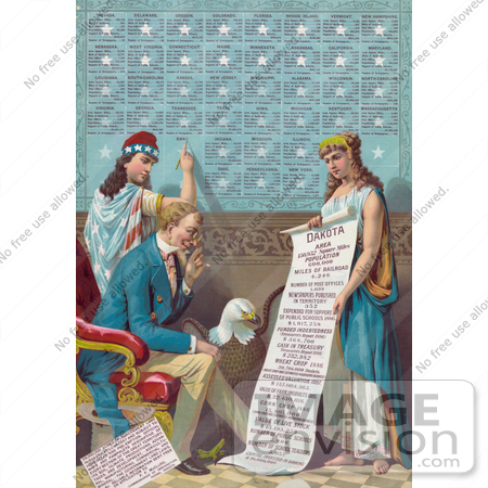 #25725 Stock Photography of Lady Liberty Writing Information on the Dakota Area While Uncle Sam and a Bald Eagle Read a Scroll That is Being Held by a Female Personification of Dakota by JVPD