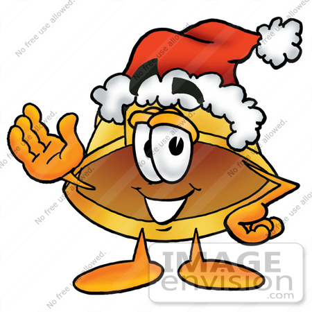 #25732 Clip Art Graphic of a Yellow Safety Hardhat Cartoon Character Wearing a Santa Hat and Waving by toons4biz