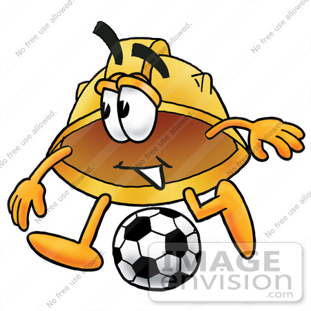#25733 Clip Art Graphic of a Yellow Safety Hardhat Cartoon Character Kicking a Soccer Ball by toons4biz
