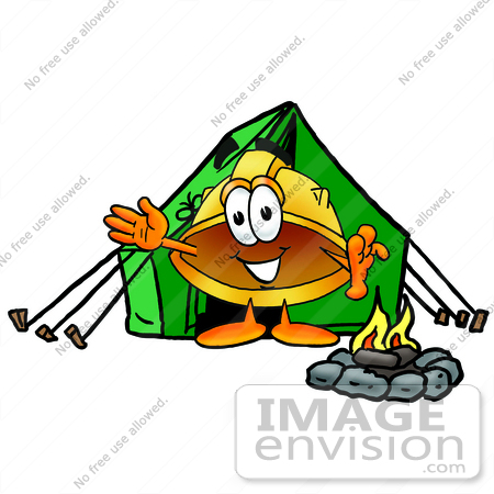 #25739 Clip Art Graphic of a Yellow Safety Hardhat Cartoon Character Camping With a Tent and Fire by toons4biz