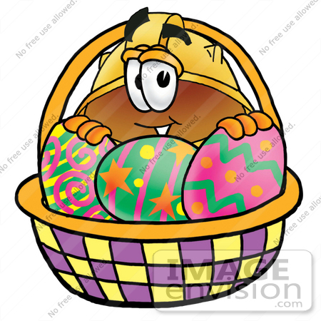#25746 Clip Art Graphic of a Yellow Safety Hardhat Cartoon Character in an Easter Basket Full of Decorated Easter Eggs by toons4biz
