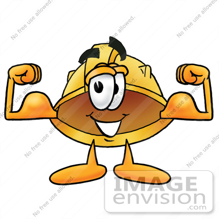 #25753 Clip Art Graphic of a Yellow Safety Hardhat Cartoon Character Flexing His Arm Muscles by toons4biz