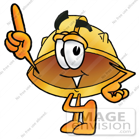 #25763 Clip Art Graphic of a Yellow Safety Hardhat Cartoon Character Pointing Upwards by toons4biz
