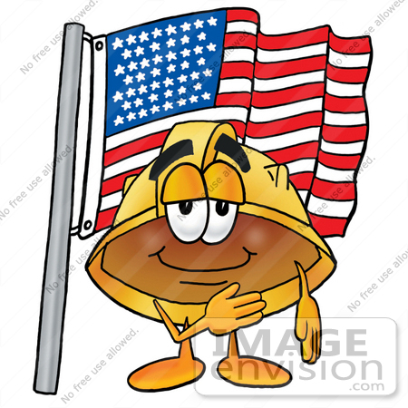 #25769 Clip Art Graphic of a Yellow Safety Hardhat Cartoon Character Pledging Allegiance to an American Flag by toons4biz