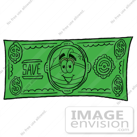 #25773 Clip Art Graphic of a Yellow Safety Hardhat Cartoon Character on a Dollar Bill by toons4biz