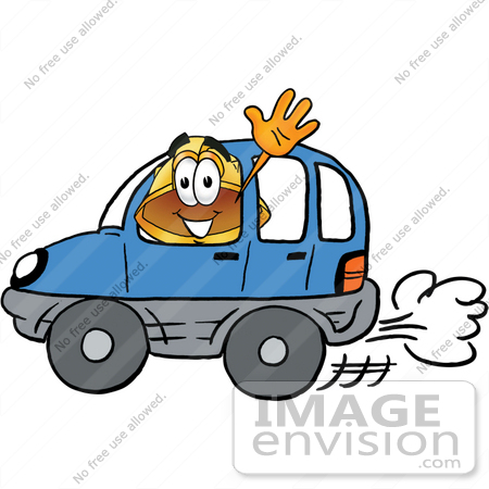 #25778 Clip Art Graphic of a Yellow Safety Hardhat Cartoon Character Driving a Blue Car and Waving by toons4biz