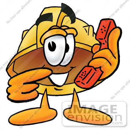 #25782 Clip Art Graphic of a Yellow Safety Hardhat Cartoon Character Holding a Telephone by toons4biz