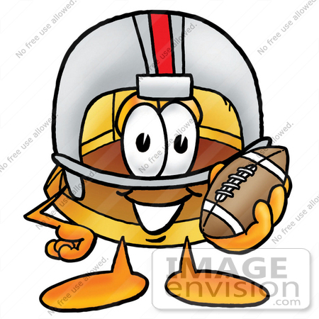 #25792 Clip Art Graphic of a Yellow Safety Hardhat Cartoon Character in a Helmet, Holding a Football by toons4biz