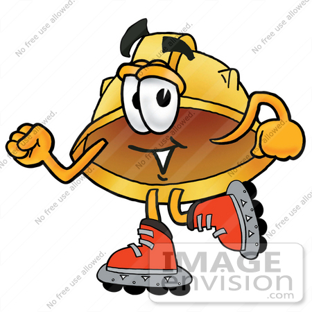 #25793 Clip Art Graphic of a Yellow Safety Hardhat Cartoon Character Roller Blading on Inline Skates by toons4biz