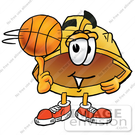 #25800 Clip Art Graphic of a Yellow Safety Hardhat Cartoon Character Spinning a Basketball on His Finger by toons4biz