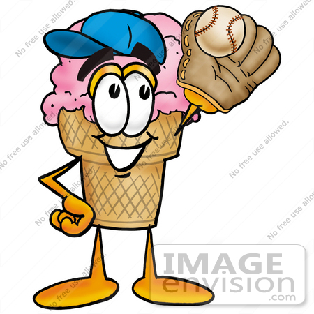 #25822 Clip Art Graphic of a Strawberry Ice Cream Cone Cartoon Character Catching a Baseball With a Glove by toons4biz
