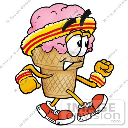 #25824 Clip Art Graphic of a Strawberry Ice Cream Cone Cartoon Character Speed Walking or Jogging by toons4biz