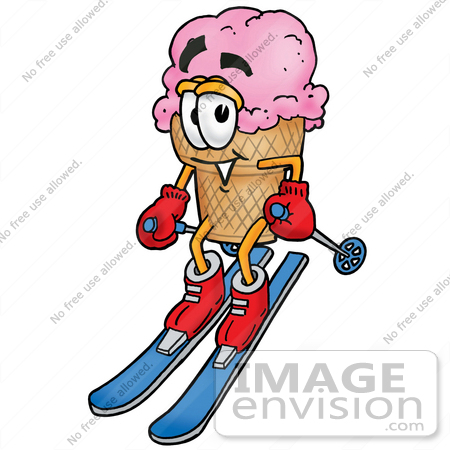 #25827 Clip Art Graphic of a Strawberry Ice Cream Cone Cartoon Character Skiing Downhill by toons4biz