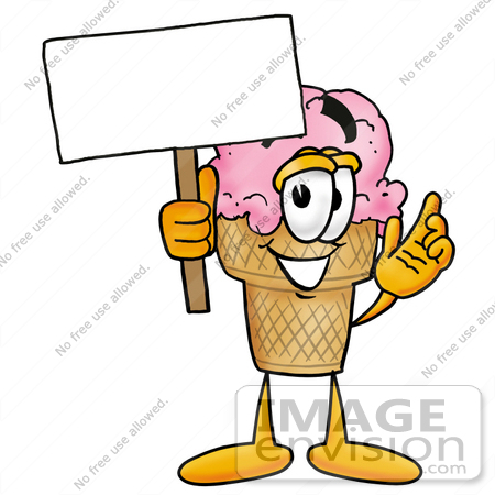#25837 Clip Art Graphic of a Strawberry Ice Cream Cone Cartoon Character Holding a Blank Sign by toons4biz