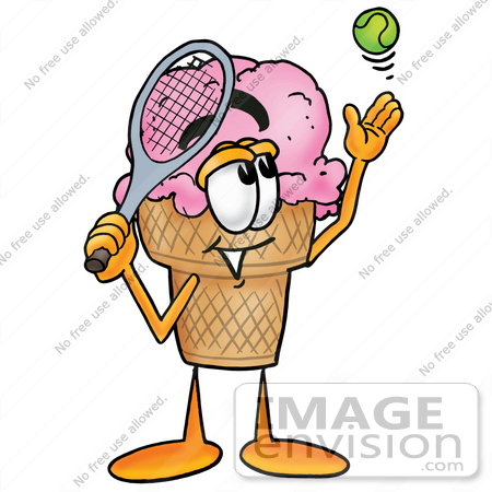 #25839 Clip Art Graphic of a Strawberry Ice Cream Cone Cartoon Character Preparing to Hit a Tennis Ball by toons4biz
