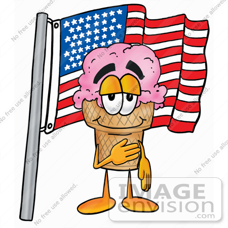 #25846 Clip Art Graphic of a Strawberry Ice Cream Cone Cartoon Character Pledging Allegiance to an American Flag by toons4biz