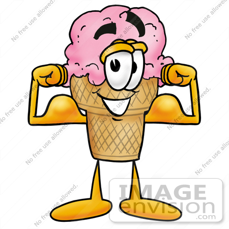 #25849 Clip Art Graphic of a Strawberry Ice Cream Cone Cartoon Character Flexing His Arm Muscles by toons4biz