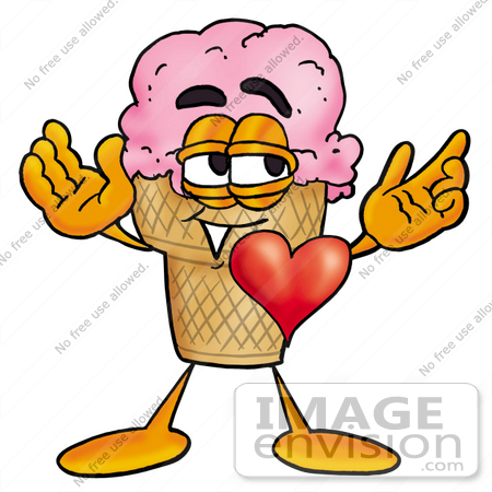 #25861 Clip Art Graphic of a Strawberry Ice Cream Cone Cartoon Character With His Heart Beating Out of His Chest by toons4biz