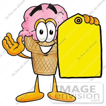 #25863 Clip Art Graphic of a Strawberry Ice Cream Cone Cartoon Character Holding a Yellow Sales Price Tag by toons4biz