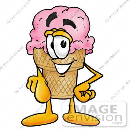 #25866 Clip Art Graphic of a Strawberry Ice Cream Cone Cartoon Character Pointing at the Viewer by toons4biz