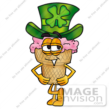 #25870 Clip Art Graphic of a Strawberry Ice Cream Cone Cartoon Character Wearing a Saint Patricks Day Hat With a Clover on it by toons4biz