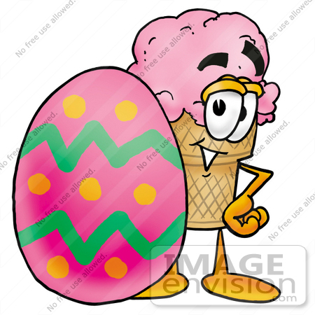 #25871 Clip Art Graphic of a Strawberry Ice Cream Cone Cartoon Character Standing Beside an Easter Egg by toons4biz