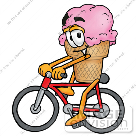 #25872 Clip Art Graphic of a Strawberry Ice Cream Cone Cartoon Character Riding a Bicycle by toons4biz