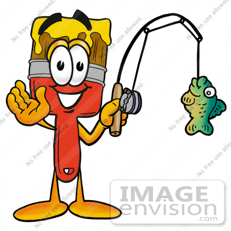 #25880 Clip Art Graphic of a Red Paintbrush With Yellow Paint Cartoon Character Holding a Fish on a Fishing Pole by toons4biz