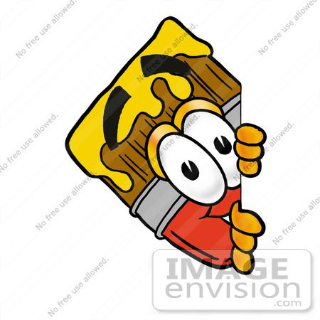#25882 Clip Art Graphic of a Red Paintbrush With Yellow Paint Cartoon Character Peeking Around a Corner by toons4biz