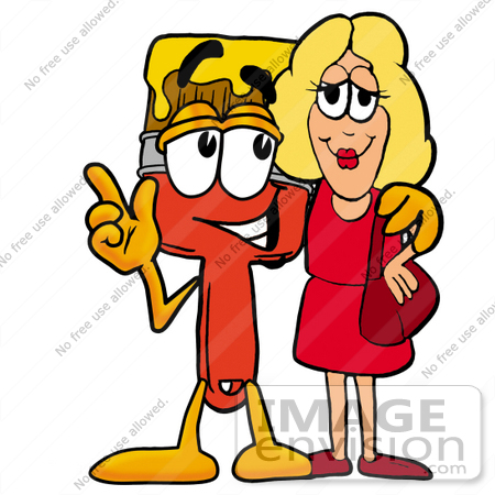 #25890 Clip Art Graphic of a Red Paintbrush With Yellow Paint Cartoon Character Talking to a Pretty Blond Woman by toons4biz