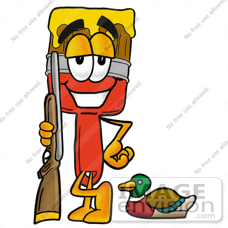 #25893 Clip Art Graphic of a Red Paintbrush With Yellow Paint Cartoon Character Duck Hunting, Standing With a Rifle and Duck by toons4biz