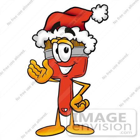 #25895 Clip Art Graphic of a Red Paintbrush With Yellow Paint Cartoon Character Wearing a Santa Hat and Waving by toons4biz