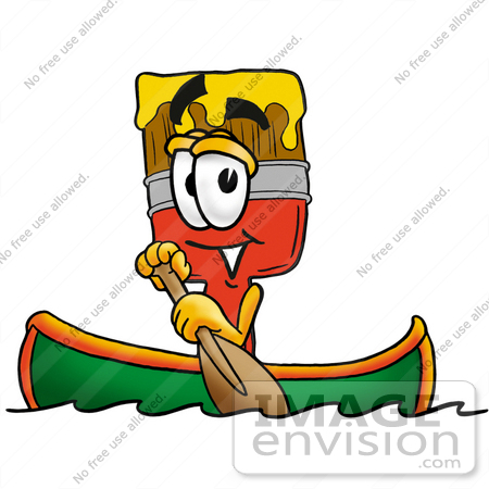 #25904 Clip Art Graphic of a Red Paintbrush With Yellow Paint Cartoon Character Rowing a Boat by toons4biz