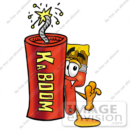 #25907 Clip Art Graphic of a Red Paintbrush With Yellow Paint Cartoon Character Standing With a Lit Stick of Dynamite by toons4biz