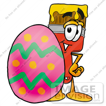#25915 Clip Art Graphic of a Red Paintbrush With Yellow Paint Cartoon Character Standing Beside an Easter Egg by toons4biz