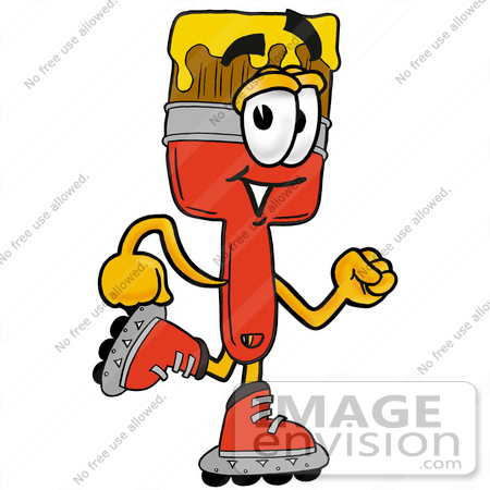 #25923 Clip Art Graphic of a Red Paintbrush With Yellow Paint Cartoon Character Roller Blading on Inline Skates by toons4biz