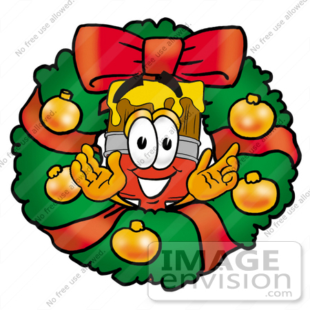 #25928 Clip Art Graphic of a Red Paintbrush With Yellow Paint Cartoon Character in the Center of a Christmas Wreath by toons4biz
