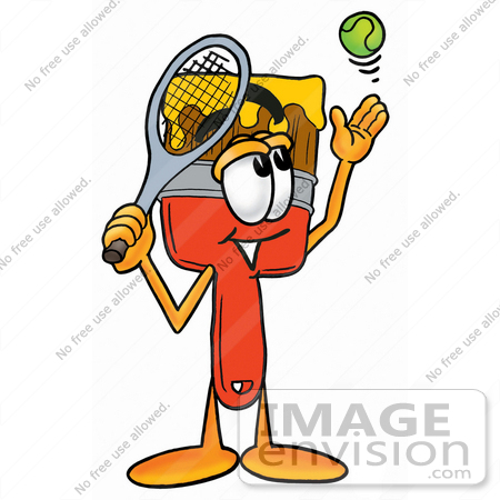 #25930 Clip Art Graphic of a Red Paintbrush With Yellow Paint Cartoon Character Preparing to Hit a Tennis Ball by toons4biz