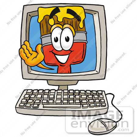 #25932 Clip Art Graphic of a Red Paintbrush With Yellow Paint Cartoon Character Waving From Inside a Computer Screen by toons4biz