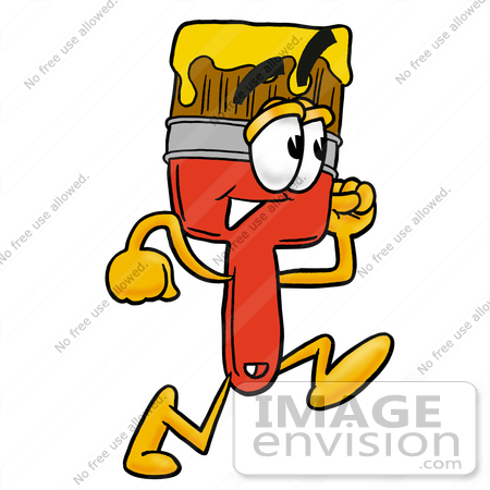 #25938 Clip Art Graphic of a Red Paintbrush With Yellow Paint Cartoon Character Running by toons4biz