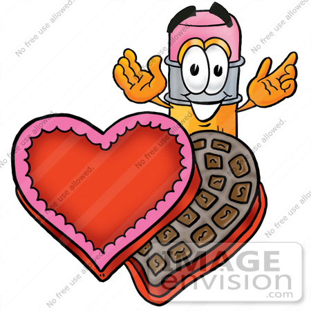 #25951 Clip Art Graphic of a Yellow Number 2 Pencil With an Eraser Cartoon Character With an Open Box of Valentines Day Chocolate Candies by toons4biz