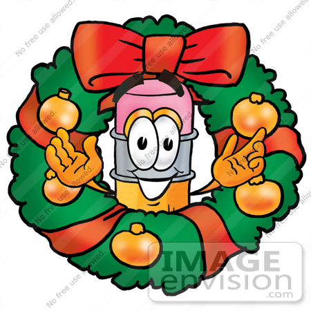 #25959 Clip Art Graphic of a Yellow Number 2 Pencil With an Eraser Cartoon Character in the Center of a Christmas Wreath by toons4biz